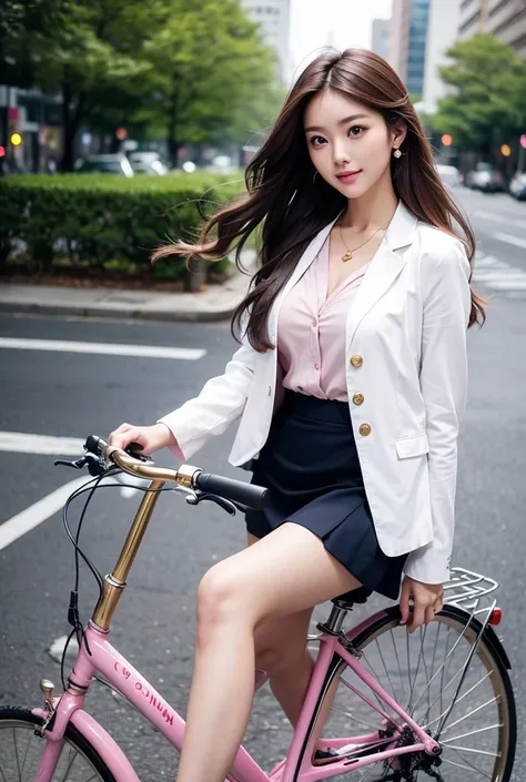 A beautiful Japanese woman riding a bicycle, 25 years old, dressed neatly（White jacket, pink silk blouse with two buttons undone, long brown hair, wavy hair, earrings, gold necklace, large, soft breasts, pale navy tight skirt, black heels）Business district...