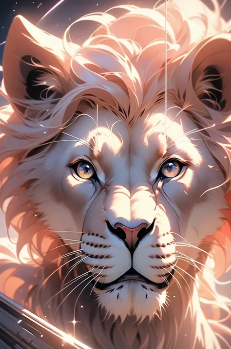 A gentle lion descends from space, Surreal landscape photography,  A view from the sky in space looking down on the open earth below,  Pink Taste, Dawn sky, Sparkles around the lion, Absurd, High resolution,  Cutout Scene, Very detailed CG 8K, Very nice fa...