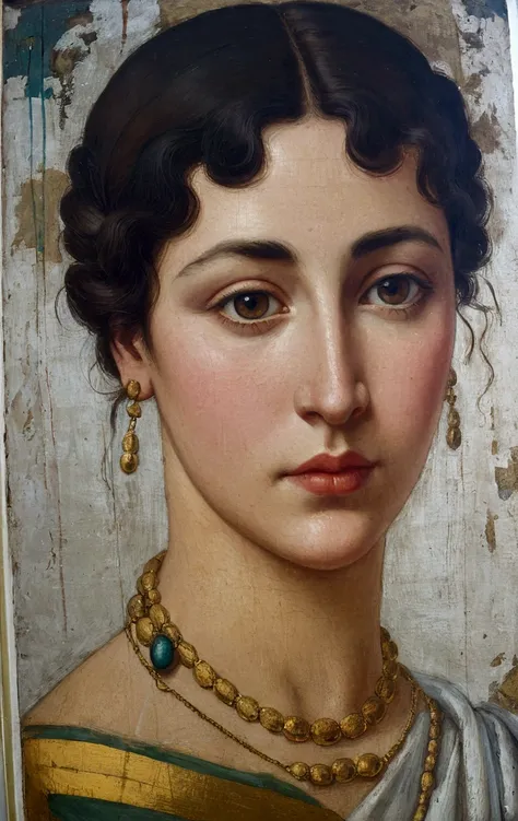 a close up of a peinture dune femme with a necklace, Portrait de Fayum, portrait de Cléopâtre, portrait de Cléopâtre, portrait de momie, princesse libu antique, peinture byzantine, Peinture romaine antique, tempera sur bois, portrait de Méga, portrait d&#3...