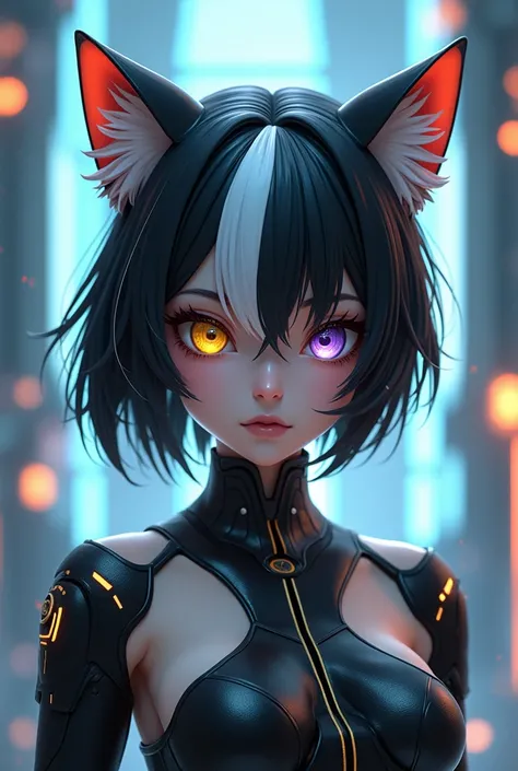 score_9, score_8_up, score_7_up, source_anime, fantasy, 1girl, short hair, heterochromia, yellow eye, purple eys, black hair, white hair, android, cat ears, sci-fi, futuristic