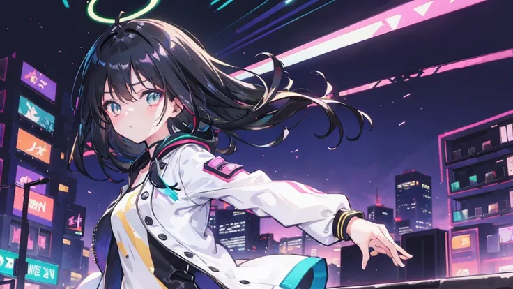 anime girl on the background of a night cyberpunk city, soft golden light, black hair, white jacket neon light, to dance and EDM music