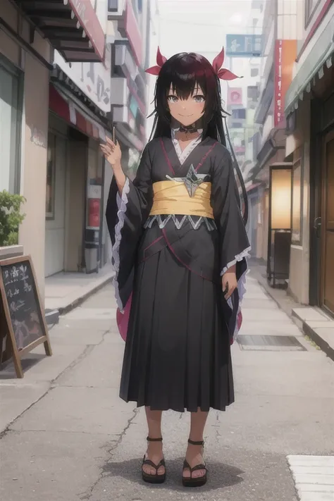  nemesis,best quality, long hair, black hair, two side up, hair ribbon, tan,. dark skin, black choker, frills, japanese clothes, (black kimono:1.2), obi, purple skirt, standing, grin, 