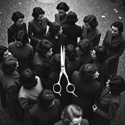 monochrome film, over head shot,  Focus camera 1 scissor,  many lady hair only  ,1944 years,  Liberation of Paris, on stone street, noon  