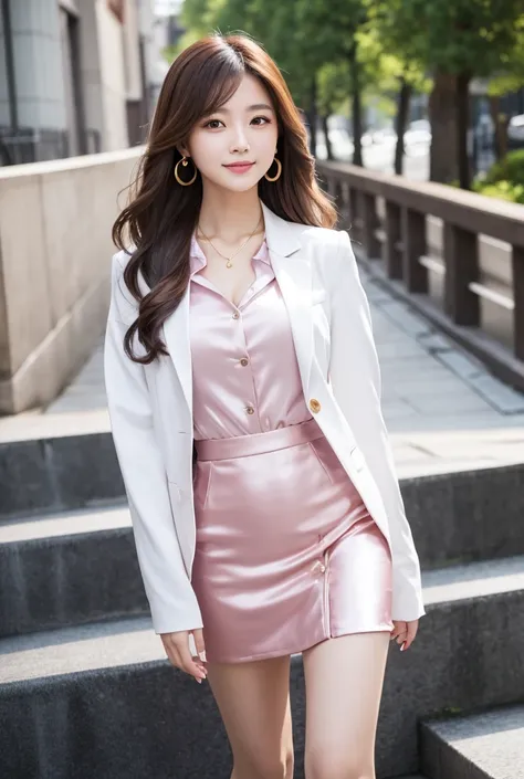 A very beautiful Japanese woman, 25 years old, wearing neat clothes, walking down the stairs（White jacket, pink silk blouse with two buttons undone, long brown hair, wavy hair, earrings, gold necklace, large, soft breasts, pale navy tight skirt, black heel...