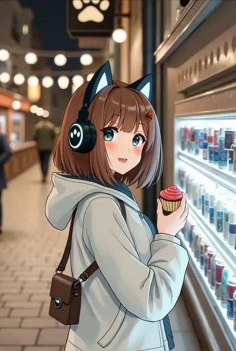 1girl, looking at viewer, blush, short hair, open mouth, bangs, multiple girls, brown hair, long sleeves, animal ears, brown eyes, jacket, outdoors, food, solo focus, cat ears, hood, bag, blurry, coat, looking to the side, depth of field, blurry background...