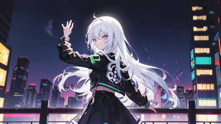 anime girl on the background of a night cyberpunk city, soft golden light, black and white hair, white jacket neon light, to dance and EDM music