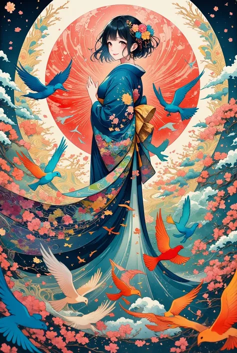 a serene scene featuring a girl in a traditional japanese kimono, standing gracefully as vibrant birds fly around her. the birds...