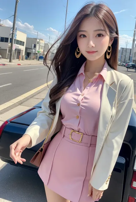 A very beautiful Japanese woman, 25 years old, dressed neatly, standing in front of a large truck（White jacket, pink silk blouse with two buttons undone, long brown hair, wavy hair, earrings, gold necklace, large, soft breasts, pale navy tight skirt, black...