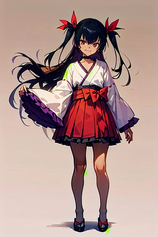 nemesis,best quality, long hair, black hair, two side up, hair ribbon, tan,. dark skin, black choker, frills, japanese clothes, obi, purple hakama short skirt, standing,seductive smile