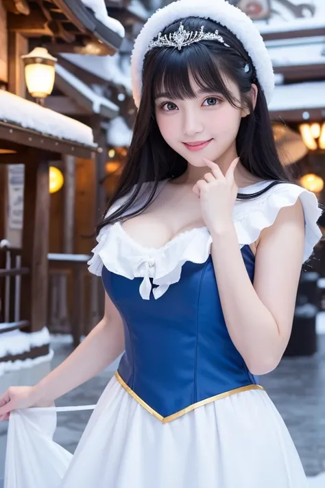 High resolution,bangs、Black Hair、Shortcuts, Brown eyes、Large Breasts, Model body type、167 cm、22 years old、Cute face、Natural Makeup、smile、Japanese、Snow White Costume、Disneyland、Disney Princesses、Blue Dress
、Snow Scene、