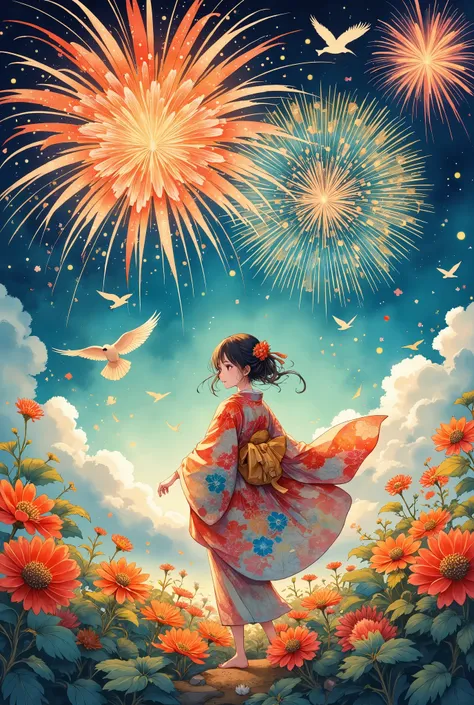 a serene scene featuring a girl in a traditional japanese kimono, standing gracefully as vibrant birds fly around her. the birds...