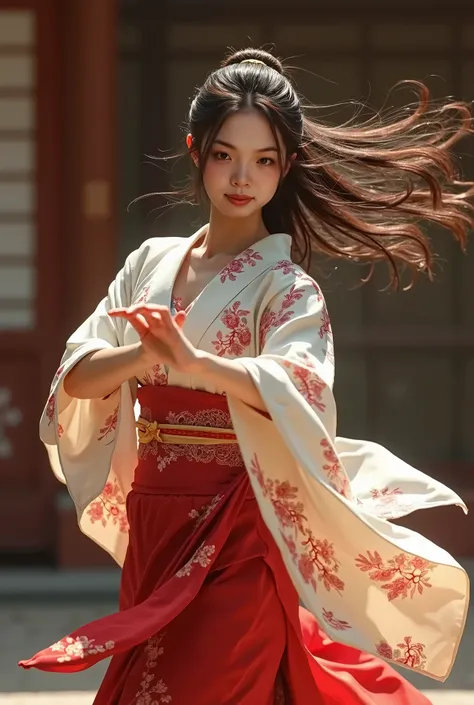 full-body photo shot of a beautiful asian woman, yukata, dynamic traditional japanese dance pose, graceful and gentle expression, detailed face, long dark hair, detailed skin texture, detailed intricate kimono patterns, detailed background, cinematic light...