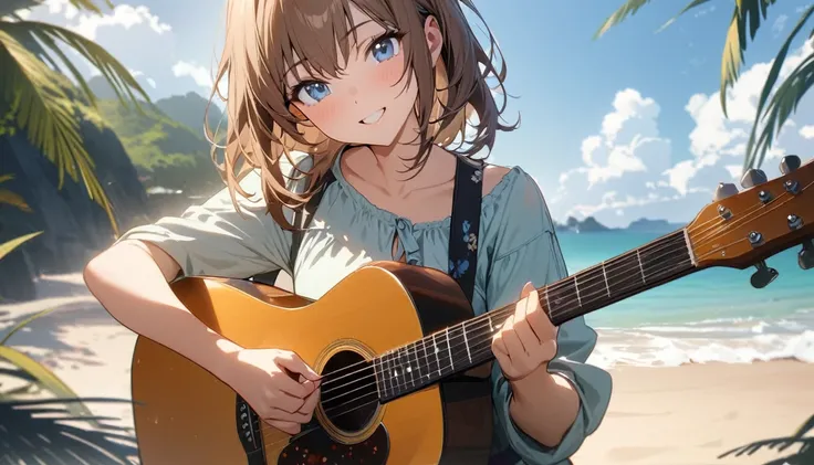 Beautiful 1 girl, Alone, She has a sweet smile on her face., Brown Hair, blue eyes, Playing guitar,　The background is the beach in the daytime　Masterpiece of a girl playing guitar,bestquality,High resolution,