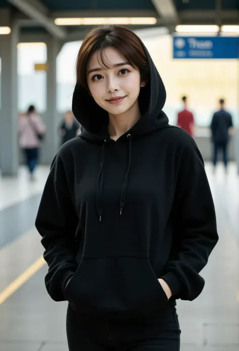 ((UHD)), A portrait photo of a cute East-Asian woman wearing a black hoodie with the hood up, both hands in her pockets, and black jeans. She is standing in front of a train station, smiling warmly. The hood covers her head, giving her a cozy and casual lo...