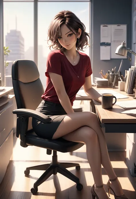 a woman in an office, sitting at a desk, coffee mug on the table, legs crossed, wearing a tight shirt, beautiful, morning light, photorealistic, 8k, high quality, detailed