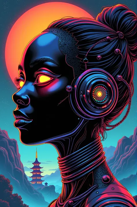 ((best quality)), ((masterpiece)), (detailed), perfect face of cyberpunk mecha African girl, neon rainbow eyes, metallic black body, rainbow hair, ((monochromatic neon rainbow color palette)), surreal, art nouveau, in the illustrative style of moebius, spa...