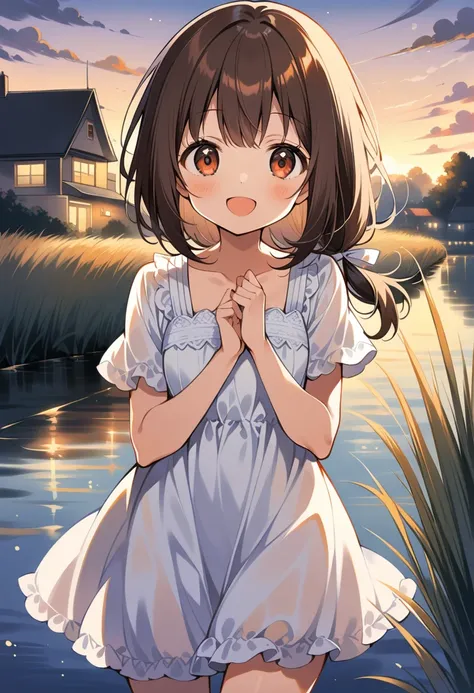 1 cute girl,
(dark brown hair, lob hair, low ponytail, white ribbon string),
(dark orange eyes, tareme),
smile,
open mouth,

looking at viewer,

(white short sleeves shirt),
((light purple chemise)),

cowboy shot, solo,

(depth of field),
evening sky, litt...