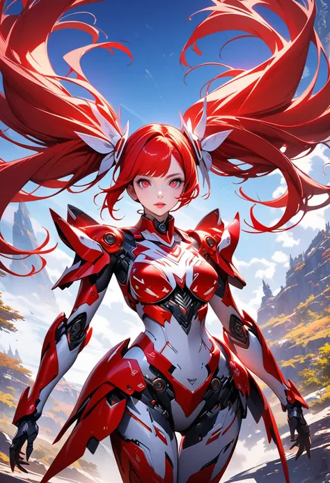 Ultra HD 3dCG concept art, A girl in robot armor holds a long sword、Dynamic flight.One girl: A robot girl with long red hair and twin tails,Red and white mechanical barrette, Highly detailed red eye, Beautiful Lips, Breathtakingly detailed skin,Wearing fla...