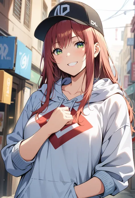 One woman, ((masterpiece)), ((Perfect Face))、Blushed、smile、Green Eyes、Red Hair、Long Hair、Wear larger clothes、hoodie、Anime illustration、Realistic Background、anatomical fingers、Golden Ratio, Wear a baseball cap