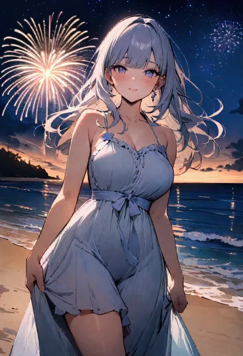 (masterpiece, best quality:1.2), fireworks over resort beach, starry night, beautiful Japanese woman in resort dress, 