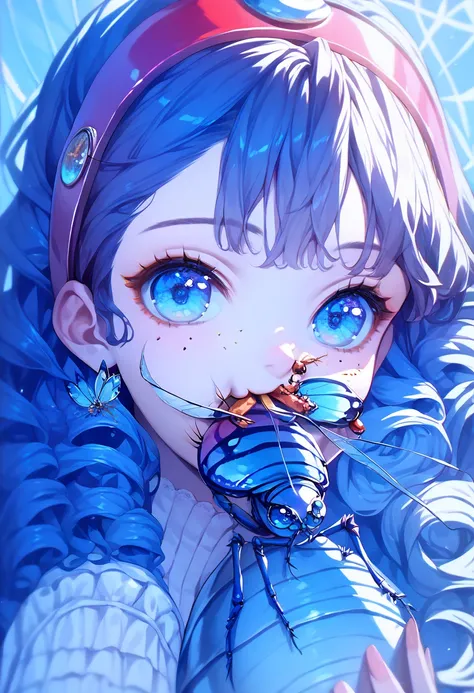 (Ultra HD:1.3), 1girl,looking at viewer,(beautiful detailed blue eyes), (amagi_Yukiko), (anime eyes), curly Hair, (Eating insects:1.2),  (Gnawing at insects), close-up of face, (masterpiece, ultra-detailed)