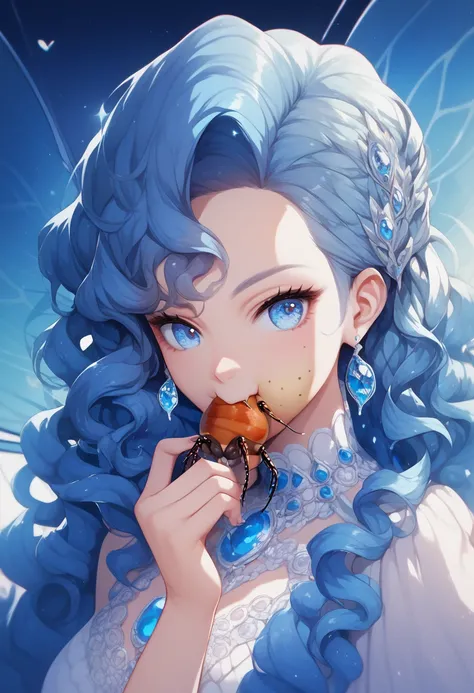 (Ultra HD:1.3), 1girl,looking at viewer,(beautiful detailed blue eyes), (anime eyes), curly Hair, (Eating insects:1.7),  (Gnawing at insects), (masterpiece, ultra-detailed), close-up of face