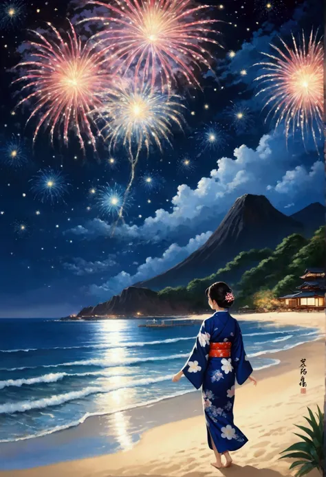 
(masterpiece, best quality:1.2), fireworks over resort beach, starry night, beautiful Japanese woman in yukata, 