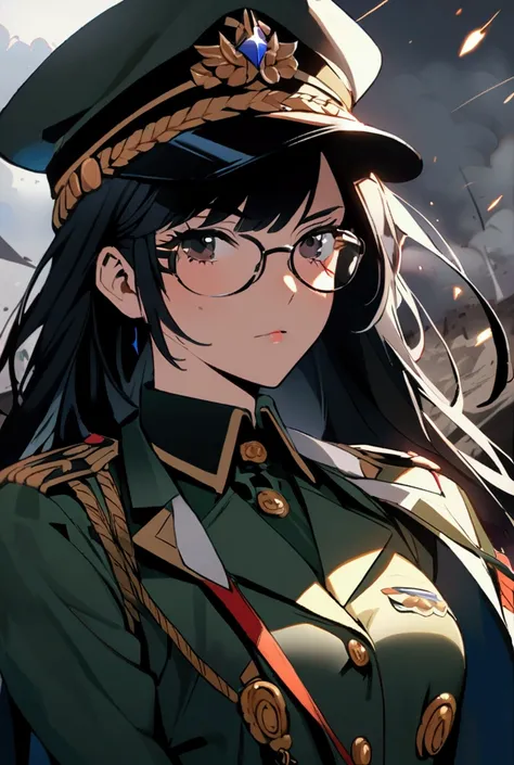 woman、uniform、military hat、Wearing glasses, battlefield、Eye injury、Long coat、（Short black hair）、cool