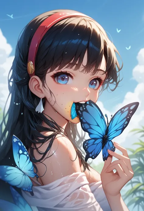 (Ultra HD:1.3), 1girl,looking at viewer,(beautiful detailed blue eyes), sitting, (amagi_Yukiko), (anime eyes), curly Hair, wearing wet bodytowel, (Eating a butterfly:1.4),  (Biting a butterfly), close-up of face, (masterpiece, ultra-detailed), Slightly ope...