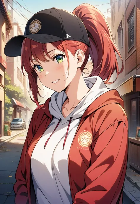 One woman, ((masterpiece)), ((Perfect Face))、Blushed、A proud smile、Green Eyes、Red Hair、ponytail、Wear larger clothes、hoodie、Anime illustration、Realistic Background、anatomical fingers、Golden Ratio, Wear a baseball cap