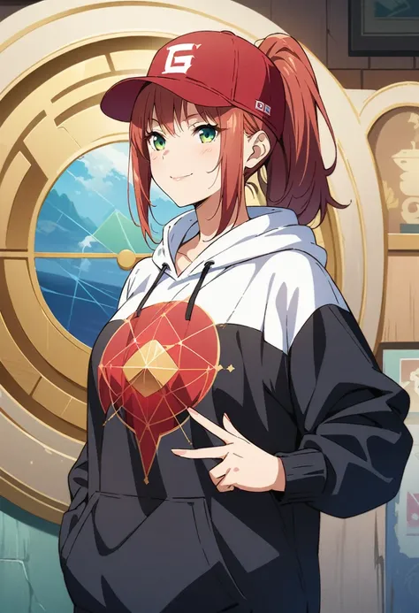 One woman, ((masterpiece)), ((Perfect Face))、Blushed、A proud smile、Green Eyes、Red Hair、ponytail、Wear larger clothes、hoodie、Anime illustration、Realistic Background、anatomical fingers、Golden Ratio, Wear a baseball cap