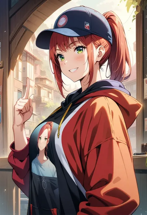 One woman, ((masterpiece)), ((Perfect Face))、Blushed、A proud smile、Green Eyes、Red Hair、ponytail、Wear larger clothes、hoodie、Anime illustration、Realistic Background、anatomical fingers、Golden Ratio, Wear a baseball cap