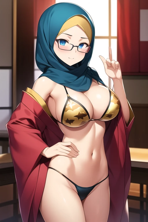 ((Best quality)), (Excellent), (Perfect anatomy), Japanese boys with serious glasses turn into Muslim women with ample breasts over 100cm, bikinis with Golden flag pattern,University of Cairo,hijab