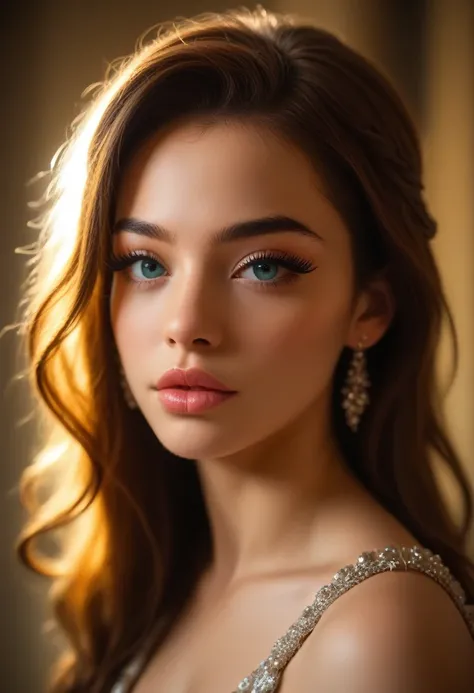 A beautiful young woman, photorealistic, detailed face with flawless skin, long lashes, full lips, piercing eyes, elegant hairstyle, wearing a captivating dress, sensual and alluring pose, dramatic lighting, cinematic composition, vibrant colors, fantasy, ...