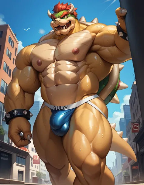 solo, 1boy, Muscular (king bowser:1.2), wide shoulder, (wide pectoral, massive pectoral muscle, bulky muscle, bulge, down view), thick arms, walking on city, detailed, (view from bottom, ground view, low view), jockstrap, sweat, shirtless, masterpiece, sem...