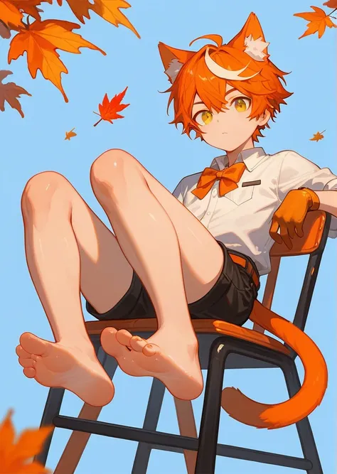 score_9,score_8_up,score_7_up,ncaaoo33,1boy,feet focus,feet,barefoot,toes,foreshortening,solo,cat ears,sitting,golden eyes,gloves,spread toes,orange hair,toenails,animal ear fluff,streaked hair,cat boy,simple background,chair,bare legs,looking at viewer,mu...