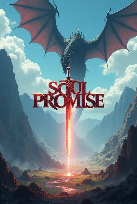 anime landscape, fantasy of a battlefield with mountains in the background and a dragon flying over it with a title in the middle with a sword that says Soul Promise