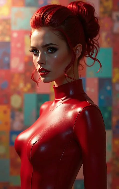 cool beauty, elegance, dignity, amorous and lewd expression, crimson glossy silky updo, captivating eyes, make up, wearing seamless rubber tight fit suits, curvaceous, background colorful patchwork low bit mosaic art, conceptual installation art, various e...