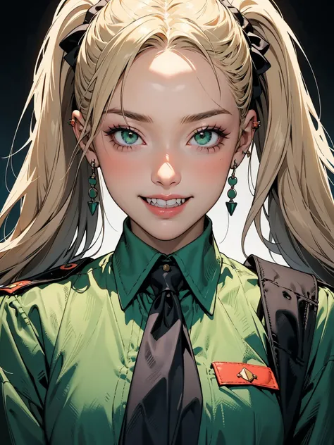 A young girl is wearing a military uniform with a black tie. The focus is on her head and neck. She has fangs, a bizarre and manic smile, expressing happiness. She is wearing piercings and accessories, engaged in a fighting stance. Her long, glossy blonde ...