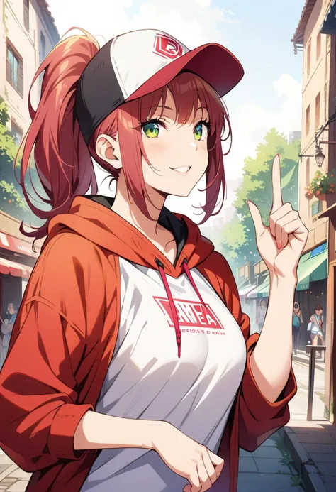 One woman, ((masterpiece)), ((Perfect Face))、Blushed、Mischievous Smile、Green Eyes、Red Hair、ponytail、Wear larger clothes、hoodie、Anime illustration、Realistic Background、anatomical fingers、Golden Ratio, Wear a baseball cap