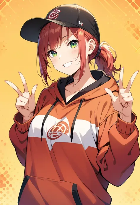 One woman, ((masterpiece)), ((Perfect Face))、Blushed、Mischievous Smile、Green Eyes、Red Hair、ponytail、Wear larger clothes、hoodie、Anime illustration、Realistic Background、anatomical fingers、Golden Ratio, Wear a baseball cap