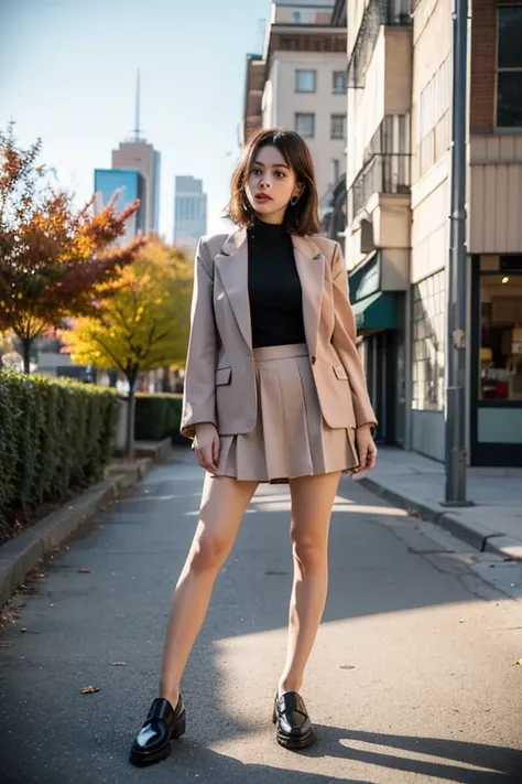 ((Best Quality)), ((masterpiece)), (detailed), One girl, A 20-year-old woman in a trendy urban setting, standing in front of a sleek, Modern café, espresso brown hair with a glossy finish, styled in a 90s bob with flipped ends, wearing a chic fall outfit: ...