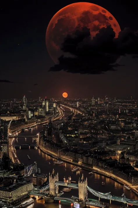 London at night, with a blood moon