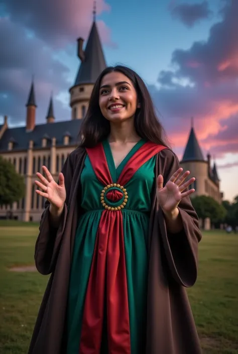 masterpiece photo of a dark-haired full-length woman with green eyes dressed in Hogwarts mage uniform actively says something while gesticulating, a cheerful facial expression, blush, interesting dynamic pose, against the background of college of magic, a ...