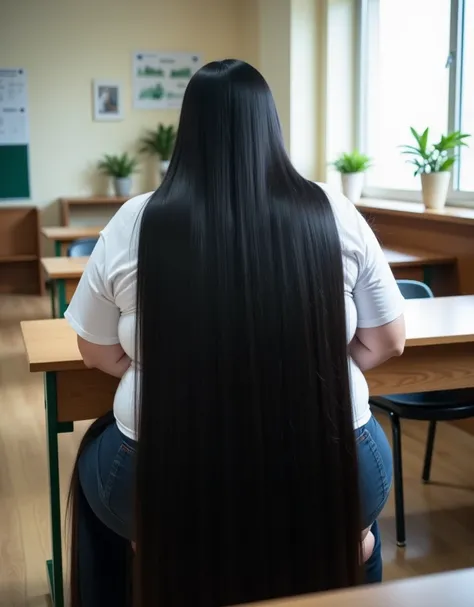 ８k,Highest quality, masterpiece, Ultra-high resolution,(masterpiece:1.6, Highest quality), Intricate details, full body, ((from behind:1.5)), ((Looking forward:1.5)),top of head, japanese milf, 50 year old,((Absurdly Long hair:1.5)), (( jet Black hair:1.3)...