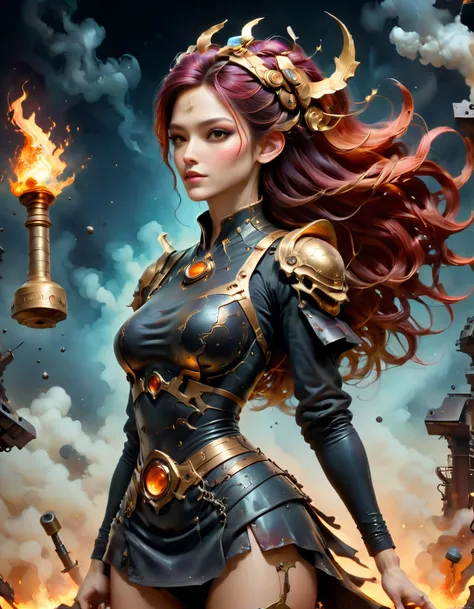 (sfw), (wide angle), 1woman, goddess of the forge, Hephaestus, ((blacksmith woman)), middle-aged woman in her 40s, slim toned physique, medium length wavy crimson hair that ombres to black, (red to black ombre hair), burn scars on chest and arms, (wearing ...