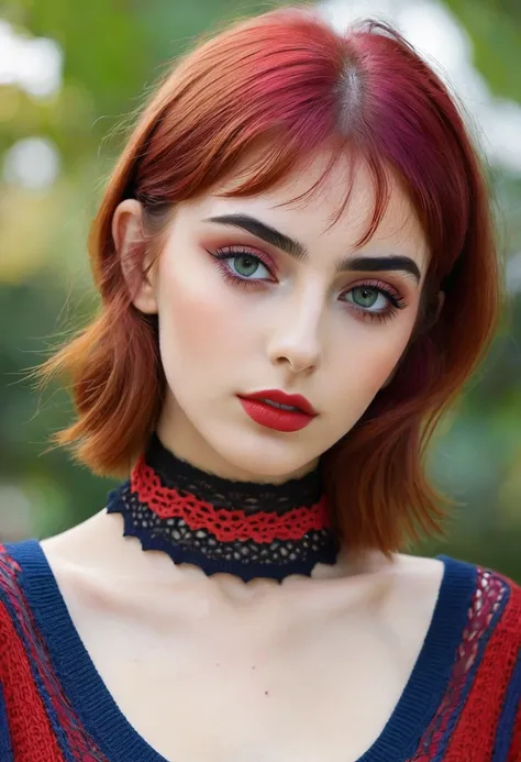 1 young cute iranian girl,very slim,skinny,redhead,rouge,red neck lace choker,cateyes makeup,colorful,oversize knit 