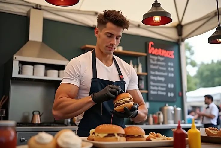 man,asemble a burger,street market tent,white tent,BBQ stove in the background , sexy outfit,big muscle,big tricep, handsome,(white skin), medium short messy hair, comma hair, white with red line apron, looking at the viewer, smile, (wearing black gloves),...