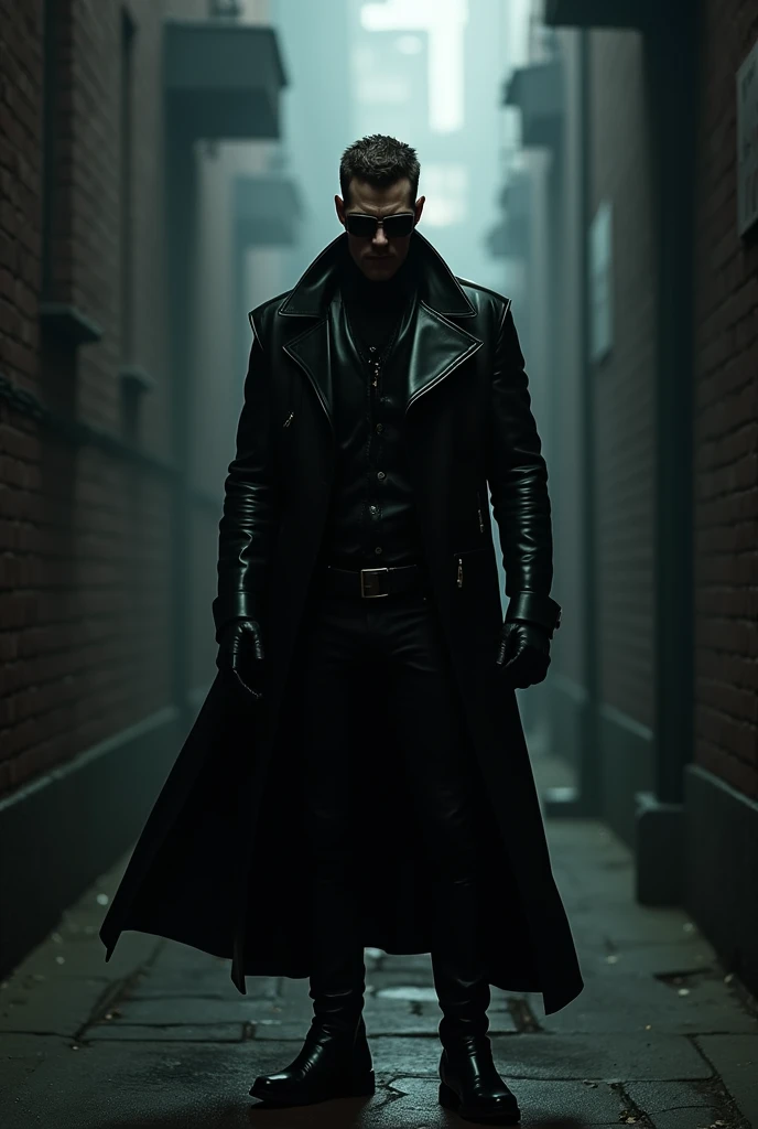 a dark evil guy villain in black leather, leather gloves, sunglasses, short dark brown hair, leather boots, dark and gloomy lighting, alleyway