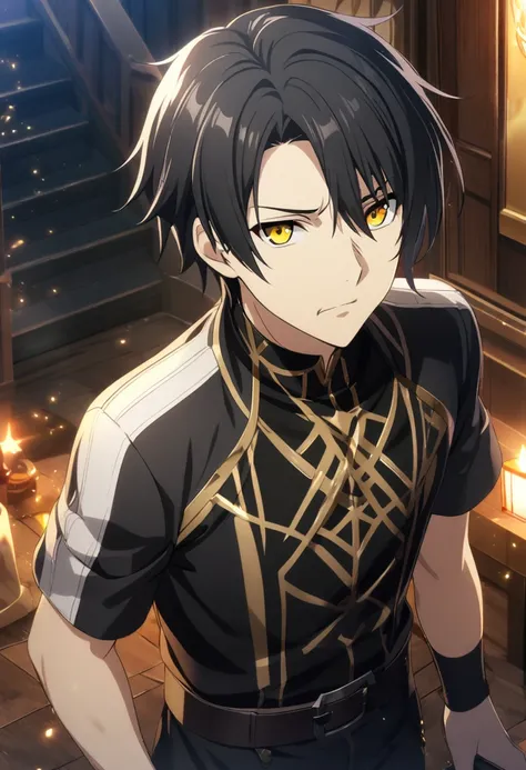 1boy, shor hairt, black hair, V Bangs, golden eyes, black clothes, handsome, CG